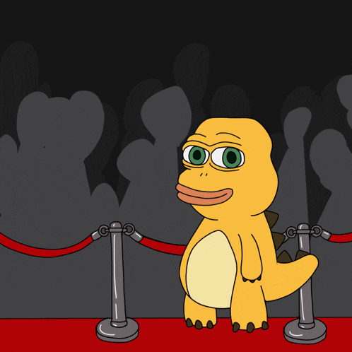 a cartoon of a yellow dinosaur standing on a red carpet