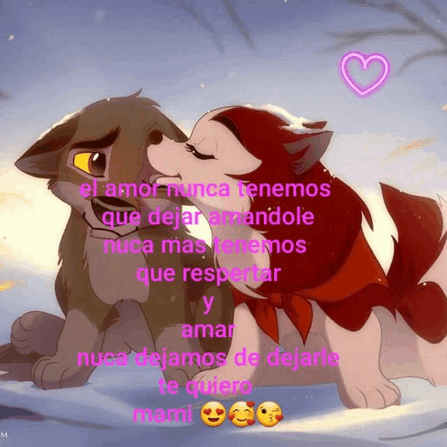 a picture of a wolf and a dog with a heart in the background