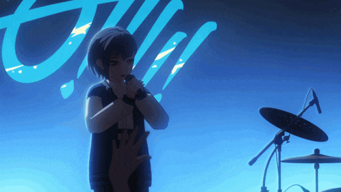 a girl singing into a microphone in front of a drum set with the word chill in the background