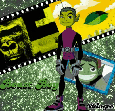 a cartoon character named beast boy is surrounded by pictures