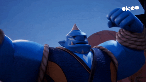 a blue cartoon character with a rope around his neck and the word ok on the bottom right