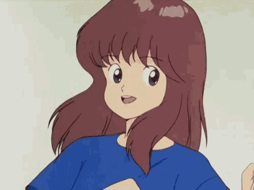 a cartoon girl with long brown hair is wearing a blue shirt and holding her hair .