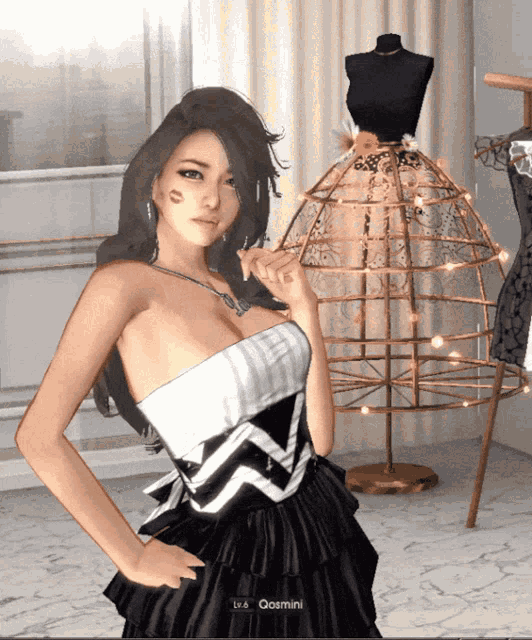 a woman in a black and white dress is standing in front of a mannequin with the name gosmini on it