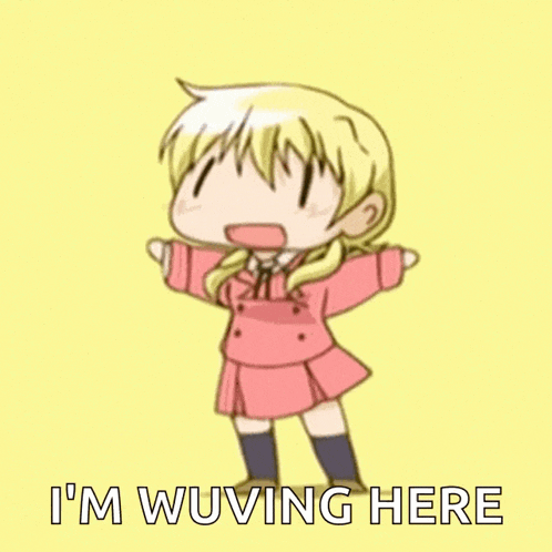 a cartoon of a girl with the words i 'm wuving here on the bottom
