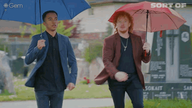 two men holding umbrellas in front of a sign that says ' sort of '