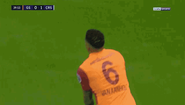 a soccer player with the number 6 on his jersey is running on the field