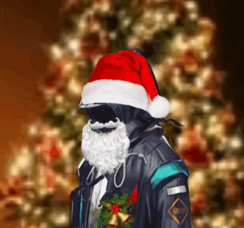 a man wearing a santa hat and a beard is in front of a christmas tree
