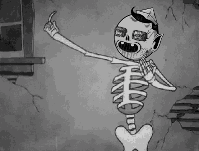 a black and white cartoon of a skeleton wearing glasses