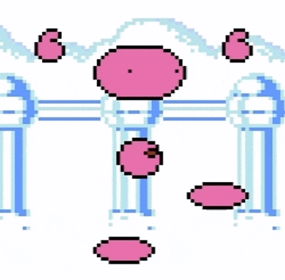 a pixel art illustration of a castle with pink circles and columns