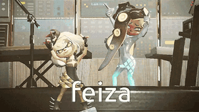 two cartoon characters are standing next to each other with the word feiza above them