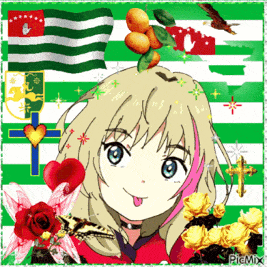a picture of a girl with her tongue hanging out and the words picmix on the bottom left
