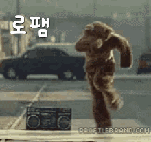 a teddy bear is running in front of a boombox that says profilebrand.com