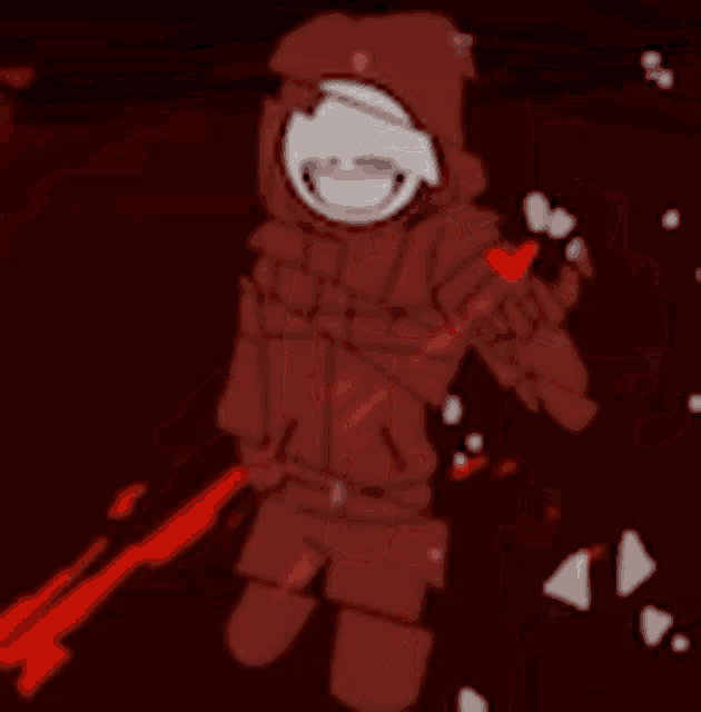 a cartoon character wearing a red hoodie and holding a knife .