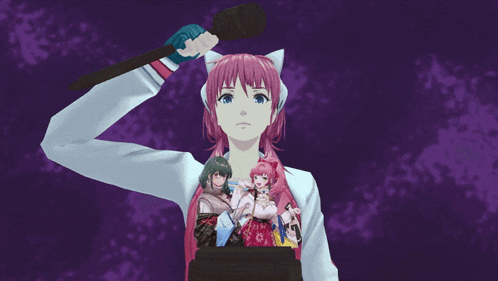 a girl with pink hair is holding a microphone in front of her head