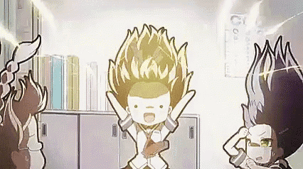 a group of anime characters are standing next to each other in a room with lockers .