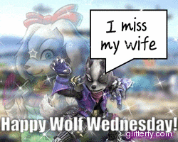 a picture of a wolf with a speech bubble that says i miss my wife happy wolf wednesday