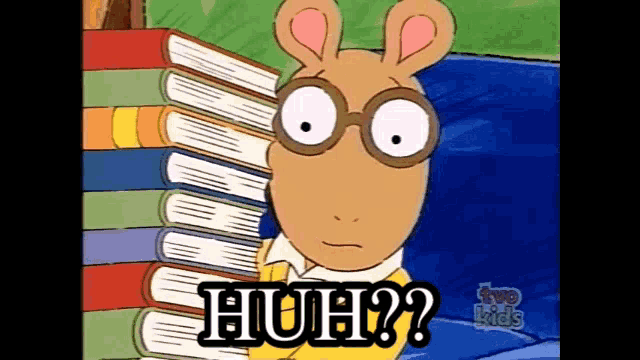 a cartoon character with glasses and a stack of books says " huh "