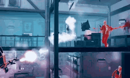a man in a red suit is holding a gun in a room with a sign that says ' a ' on it