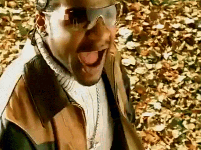 a man wearing sunglasses is standing in a pile of leaves with his tongue hanging out .