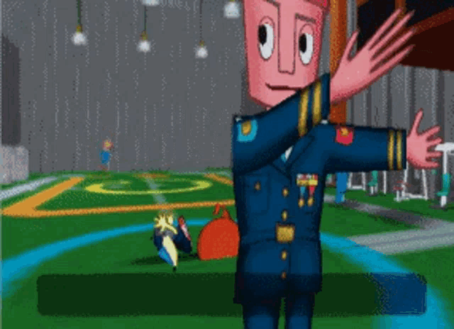 a cartoon character in a military uniform is waving his arms out