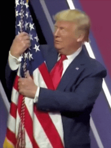 a man in a suit and tie holds an american flag in his hands