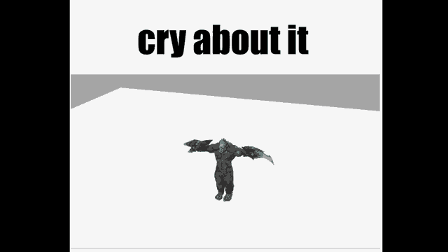 a 3d model of a monster with wings is standing on a white surface with the words cry about it above it .
