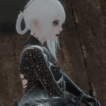a woman with white hair and black gloves has a tattoo on her neck