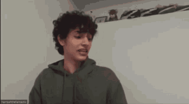 a young man with curly hair is wearing a green hoodie and standing in front of a white wall .