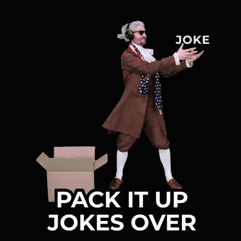 a man in a brown suit is holding a large cardboard box with the words pack it up jokes over below him