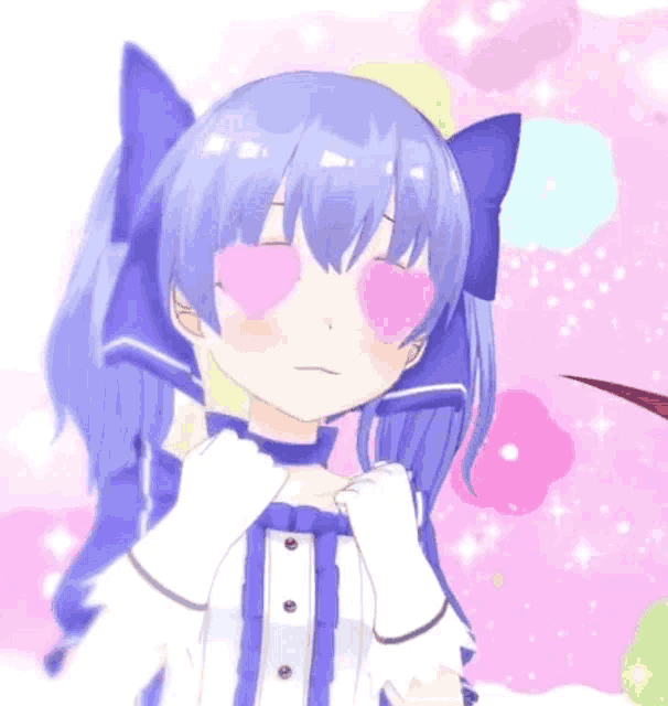 a cartoon girl with blue hair has pink heart shaped eyes