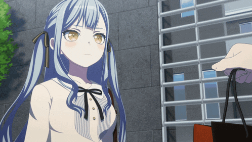 a girl with blue hair is looking at someone holding a purse