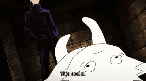 a cartoon character says " this sucks " in front of a brick wall