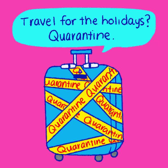 a cartoon of a suitcase with quarantine tape around it