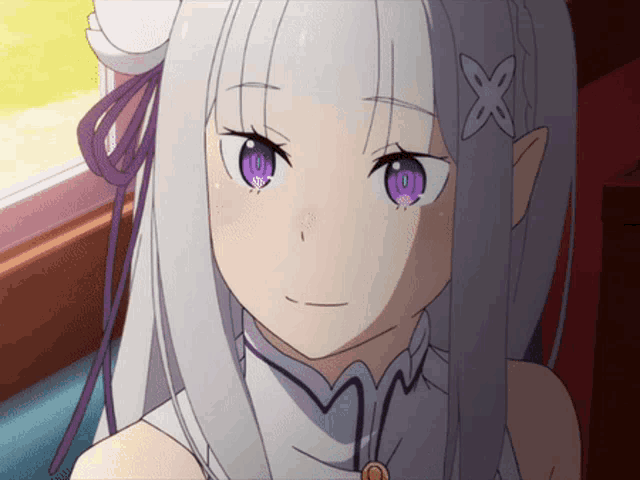a close up of a girl with purple eyes and a flower in her hair