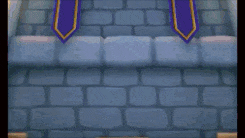 a cartoon character with green hair and horns is standing in front of a blue brick wall .