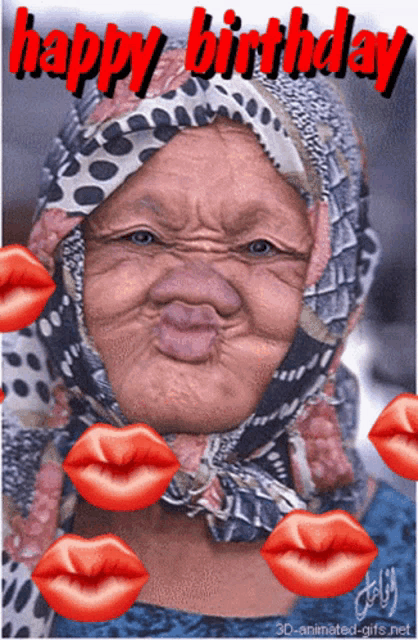a happy birthday greeting card with a woman blowing a kiss