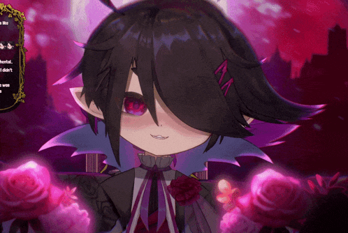 a cartoon character with black hair and purple ears is surrounded by roses
