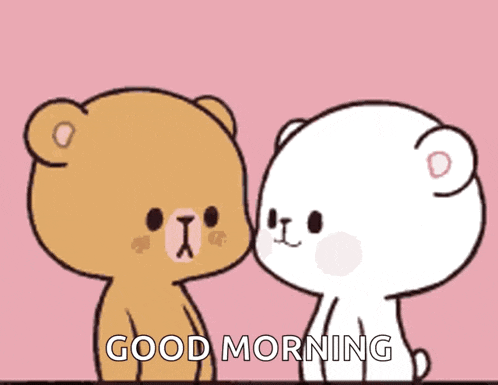 a couple of teddy bears standing next to each other with the words " good morning " on the bottom
