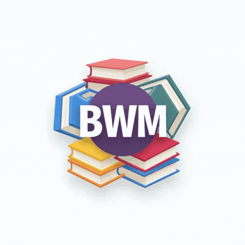 a logo for bwim with fireworks and books