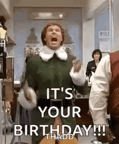 a man in a green coat is screaming and saying `` it 's your birthday !! ''
