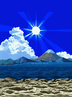 a pixel art of the sun shining over a body of water with mountains in the background