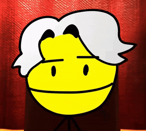 a cartoon drawing of a yellow smiley face with gray hair