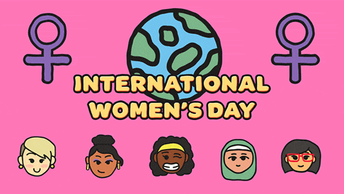 a pink poster for international women 's day with cartoon faces