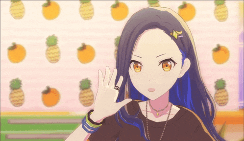a girl with blue hair is making a peace sign in front of a wall with pineapples