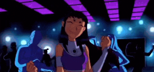 a cartoon character is dancing in a club with a crowd of people .