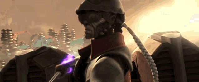 a man in a helmet is holding a purple object