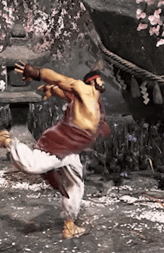 a man in a red and white outfit is dancing in front of a lantern .