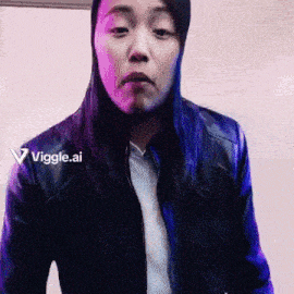 a woman wearing a black leather jacket is making a funny face ..