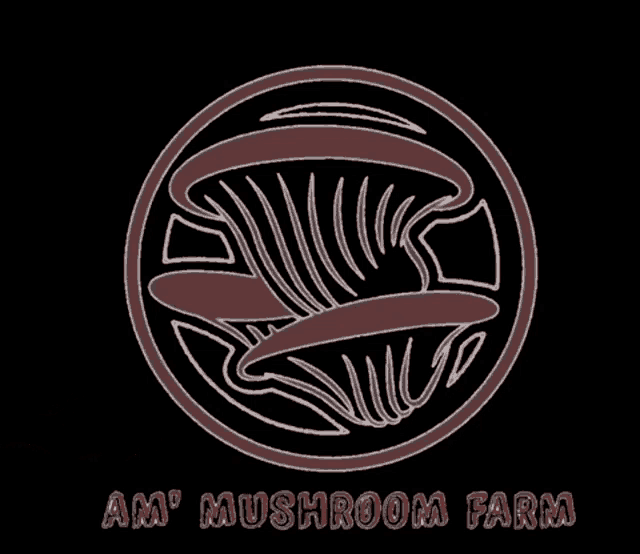 a logo for am ' mushroom farm shows a mushroom with arms and legs