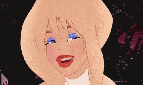 a blonde cartoon character with blue eyes and red lips smiles